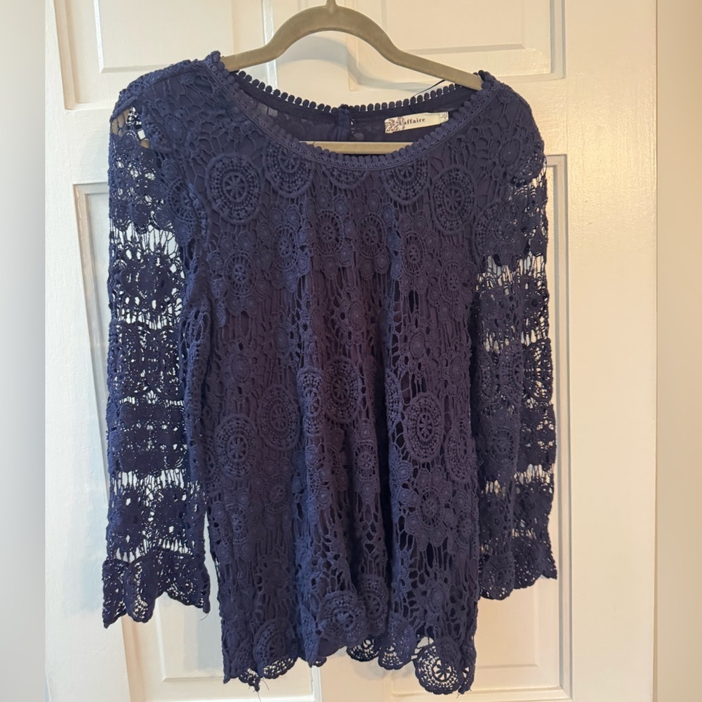 L’Affaire Navy Crochet Lace Blouse Scalloped Hem Size L